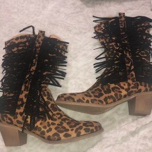 Leopard print fringe cowgirl boots